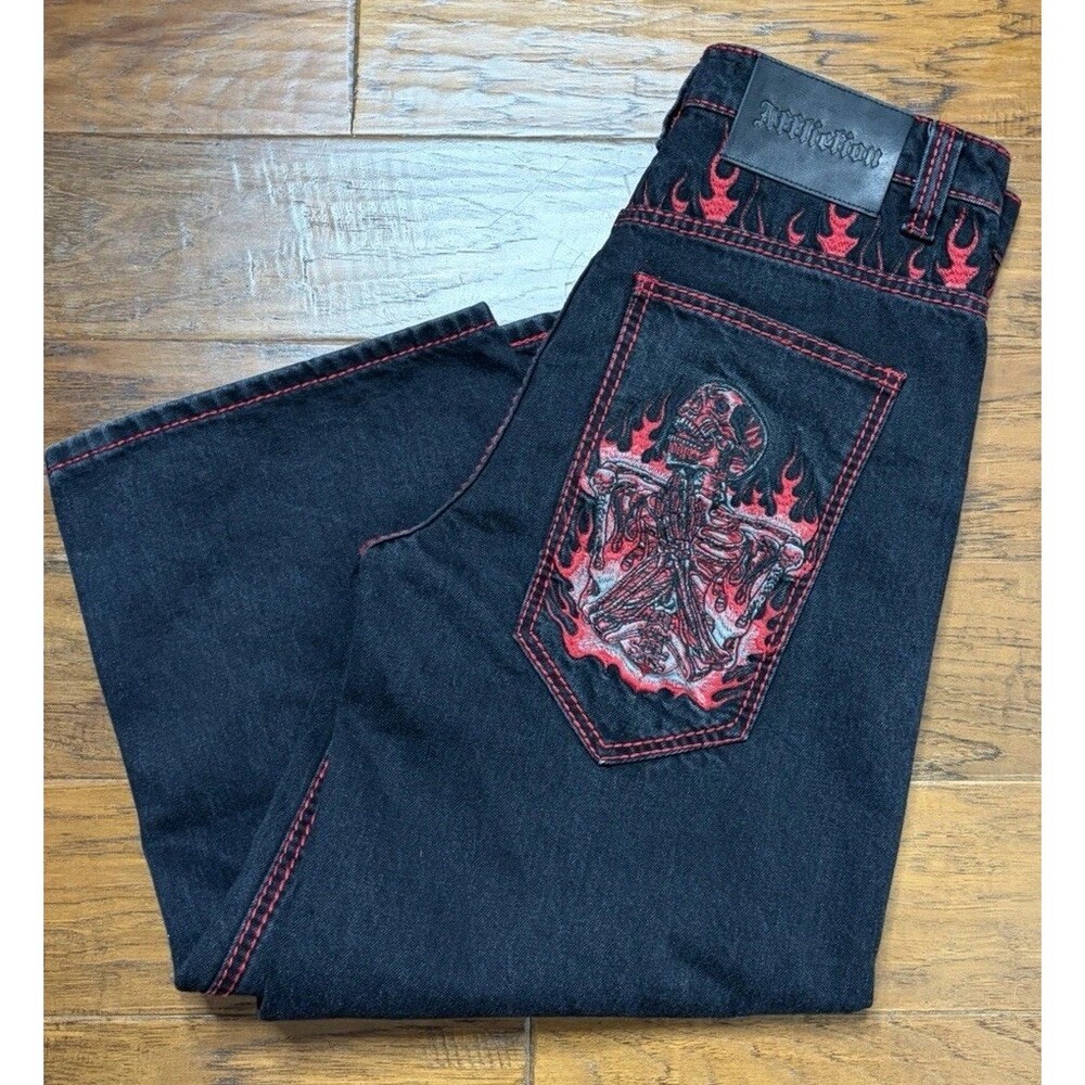 Affliction Black Premium Men's Relaxed Fit Red Skull Denim Jeans 27x23